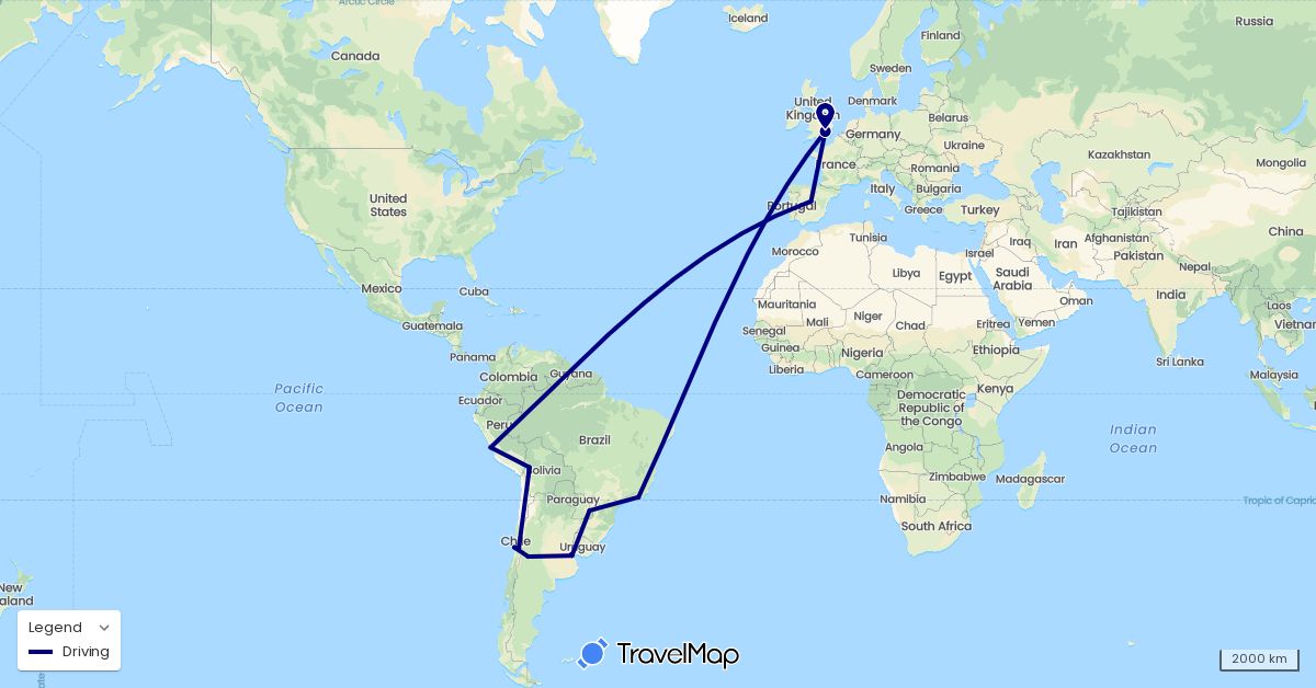 TravelMap itinerary: driving in Argentina, Bolivia, Brazil, Chile, Spain, United Kingdom, Peru (Europe, South America)